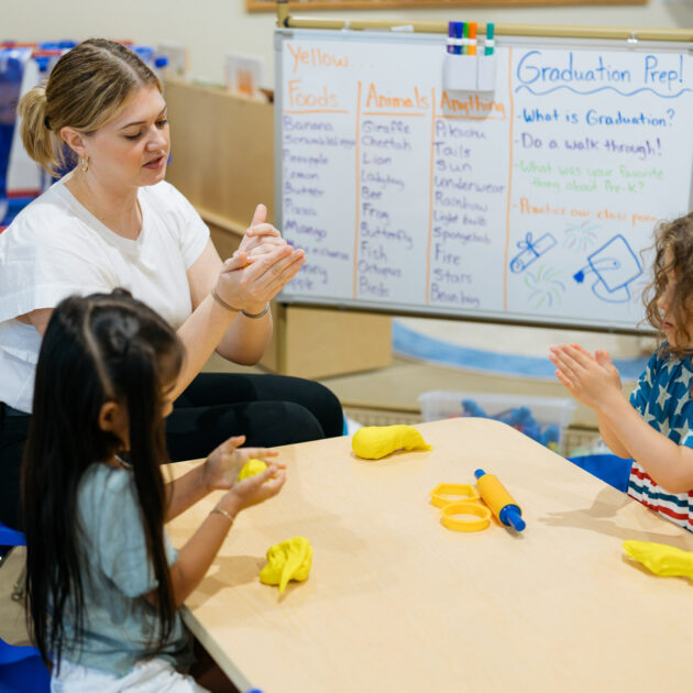 A teacher and two young children sit at a table shaping yellow playdough; a whiteboard with lists and instructions is visible in the background.